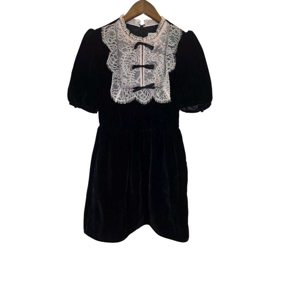 Saloni Cherie Mini Velvet Dress Womens 2 Black Pink Lace Bib Collar Feminine